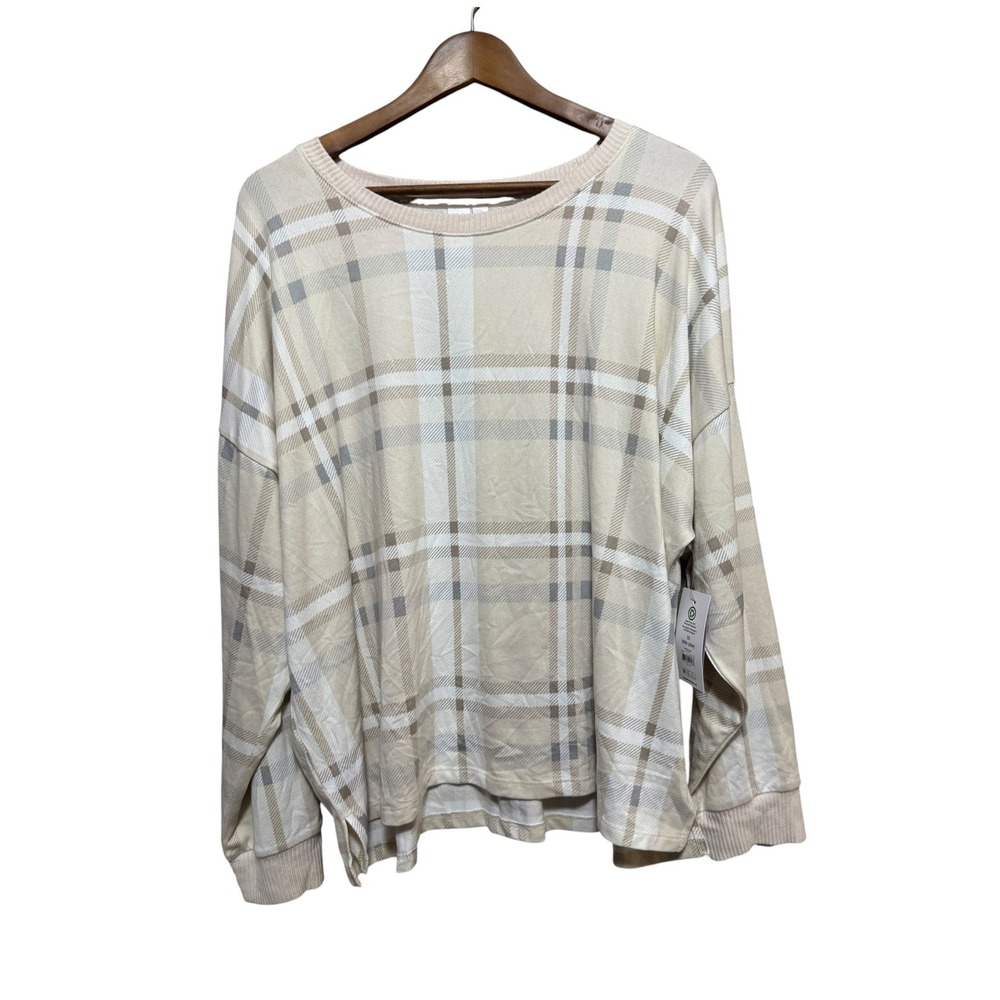 Joyspun Hacci Lounge Top Womens 2X Almond Plaid NWT Long Sleeve Cozy Knit